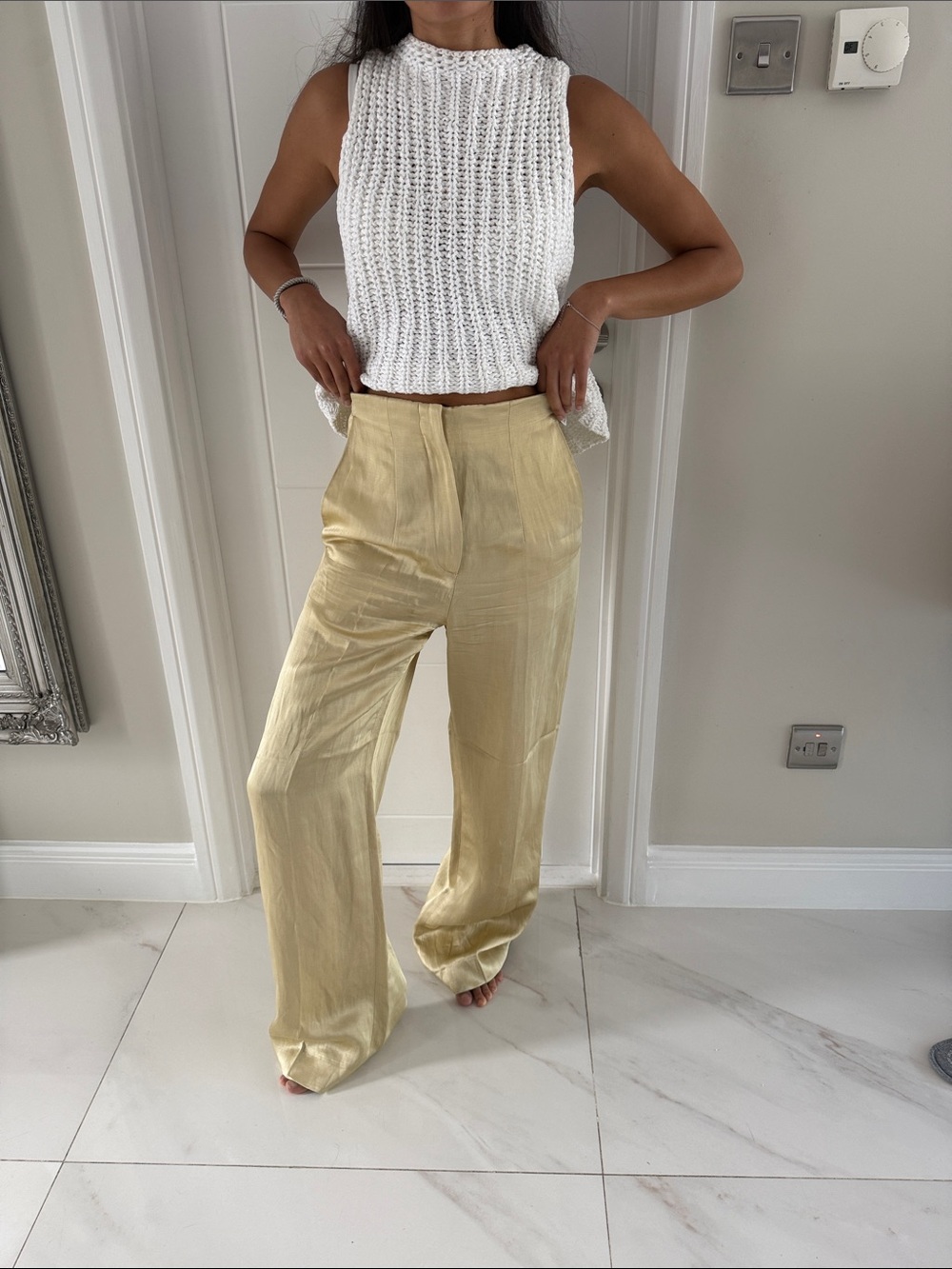 Sandro Pale Gold Wide-Leg Satin Trousers FR36 US4